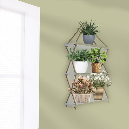Cross Rope Wooden Wall Hanging Planter Shelf (White Color)