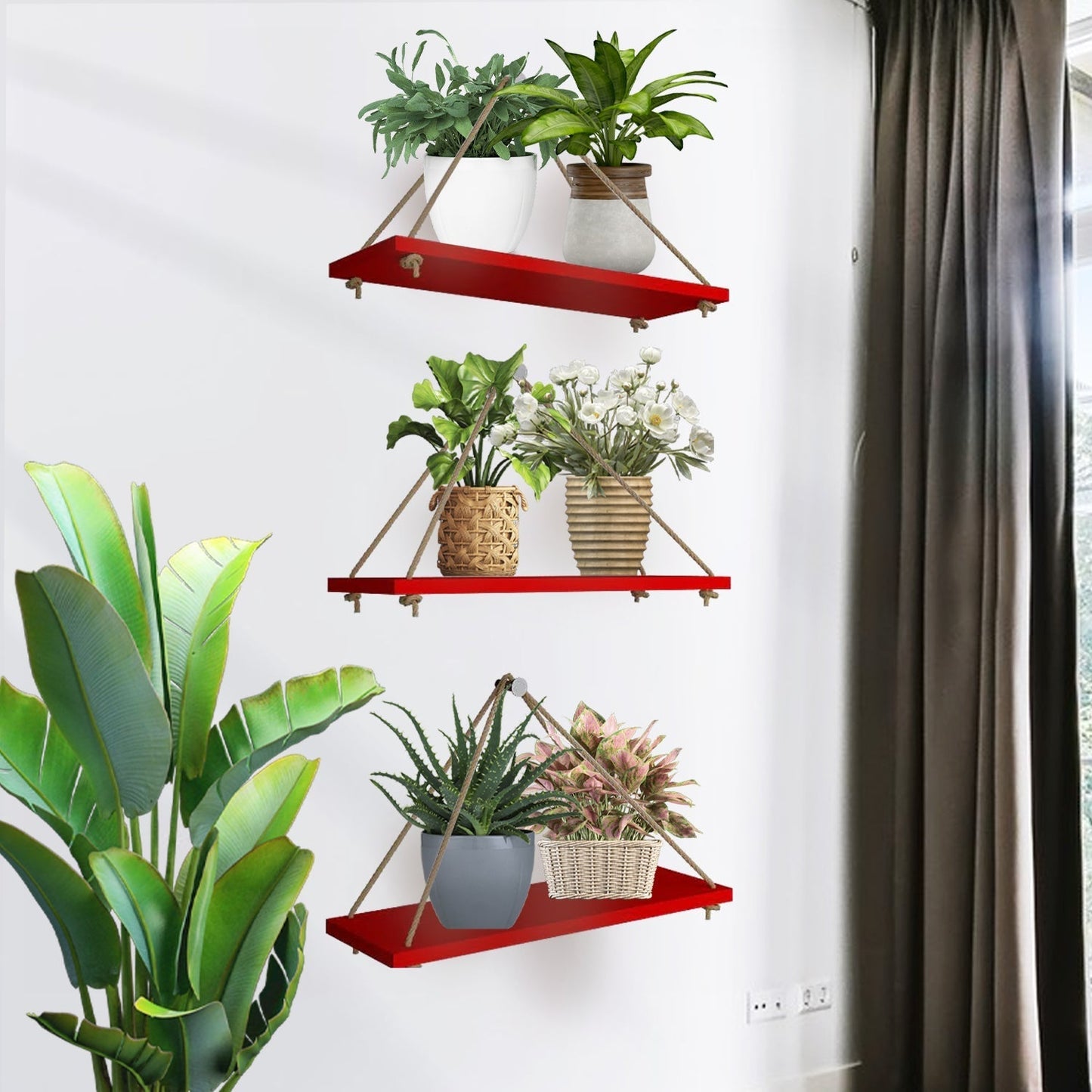 Wooden Wall Hanging Planter Shelf with Rope (Red, Set of 3)