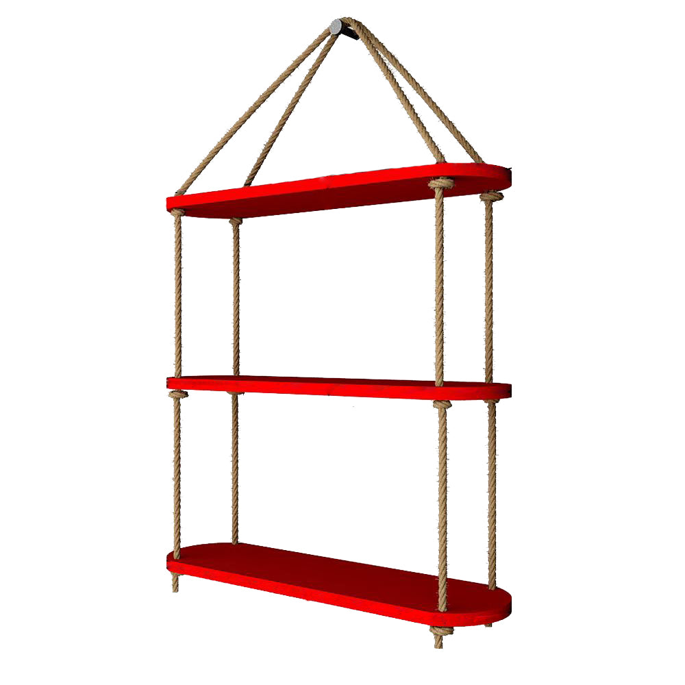 Wooden Wall Hanging Planter Shelf with Rope Three Layer (Red Color)