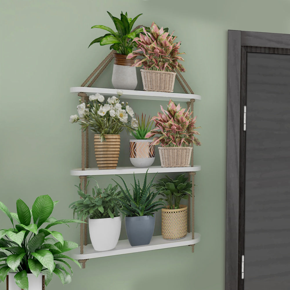 Wooden Wall Hanging Planter Shelf with Rope Three Layer (White Color)