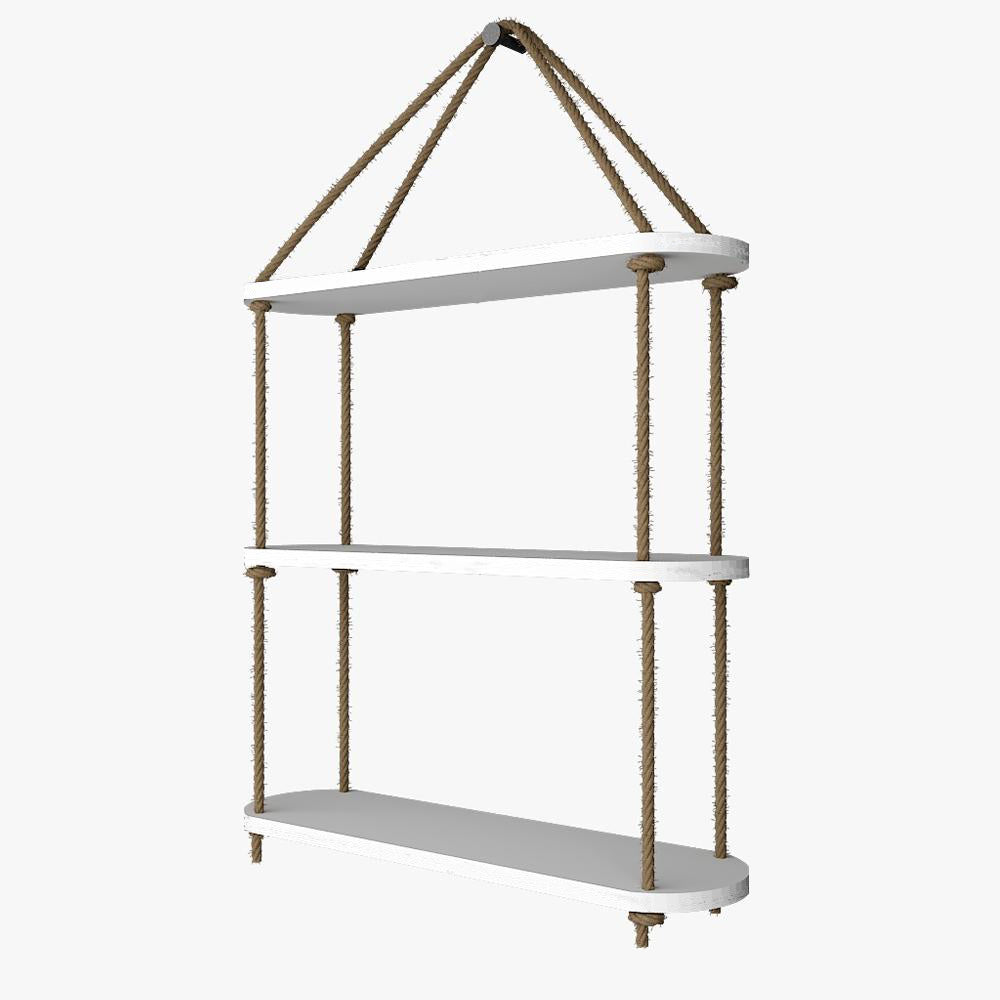 Wooden Wall Hanging Planter Shelf with Rope Three Layer (White Color)