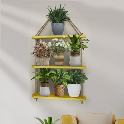Wooden Wall Hanging Planter Shelf with Rope Three Layer (Yellow color)