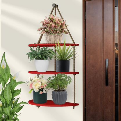 Wooden Wall Hanging Planter Shelf with Rope Three Layers(Red)