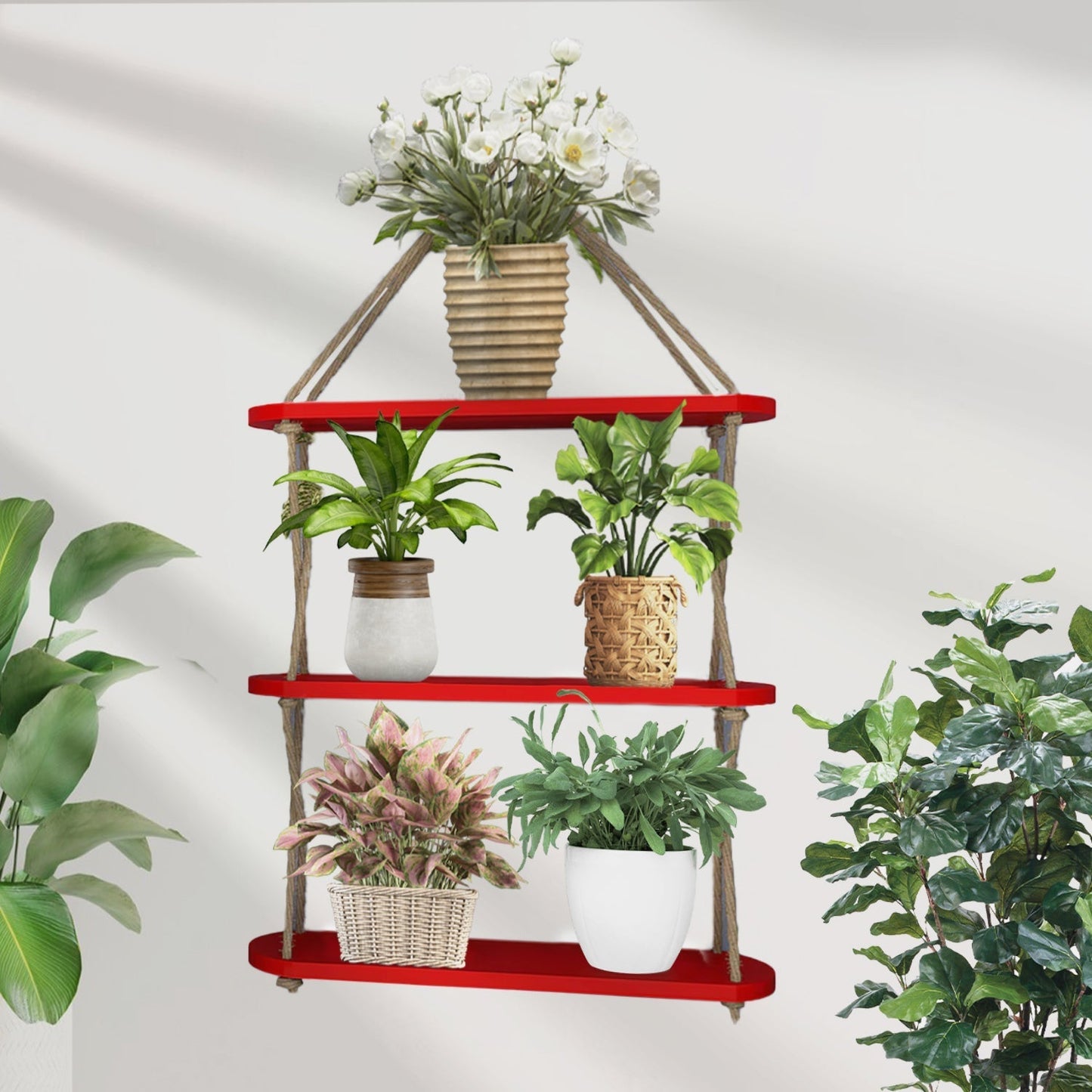 Wooden Wall Hanging Planter Shelf, Cross Rope with Three Layer (Red Color)