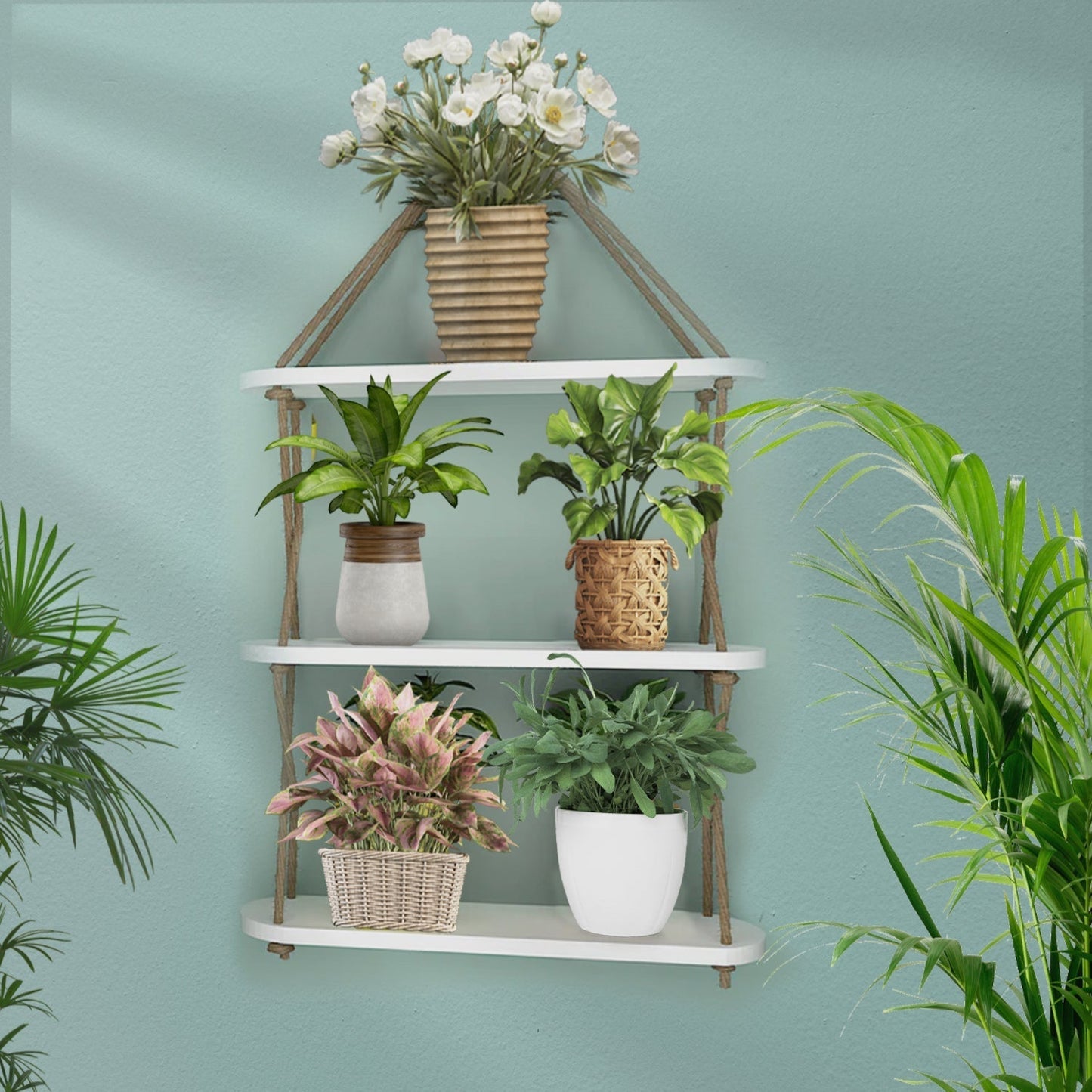 Wooden Wall Hanging Planter Shelf, Cross Rope with Three Layer (White Color)